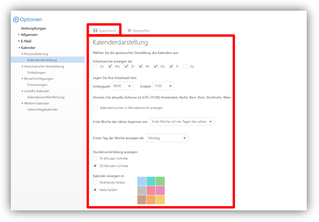 2.3.1. Optionen / Kalender / Personalisierung / Kalenderdarstellung