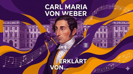 Porträt von Carl Marie von Weber vor dem Altbau der HfM Dresden in lila und orange