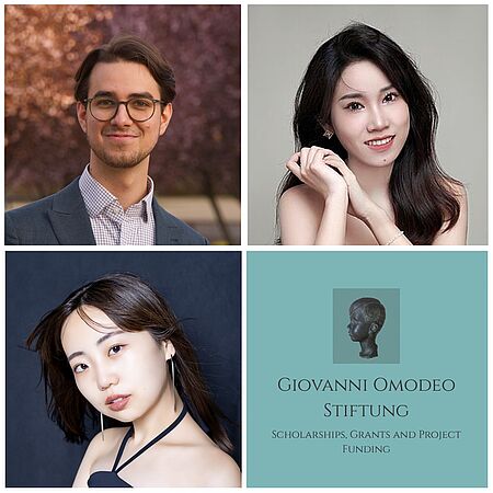 Porträtbilder von Philipp Rauh, Xiang Li, Yukina Tsuzuki und das Emblem der Giovanni Omodeo Stiftung