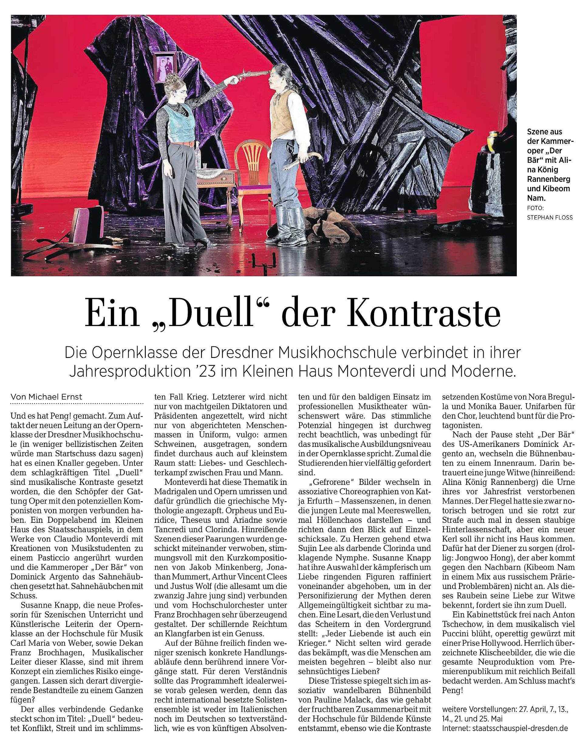 Dresdner Neueste Nachrichten, 24.04.23, S. 11: "Ein "Duell" der Kontraste" von Michael Ernst
