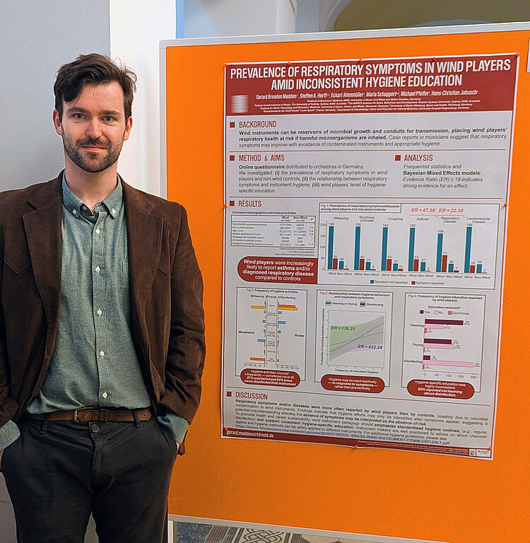 Dr. Gerard Breaden Madden mit seinem prämierten Poster auf der Deutschen Gesellschaft für Musikphysiologie und Musikermedizin _DGfMM2025, to the current article