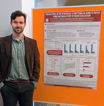Dr. Gerard Breaden Madden mit seinem prämierten Poster auf der Deutschen Gesellschaft für Musikphysiologie und Musikermedizin _DGfMM2025