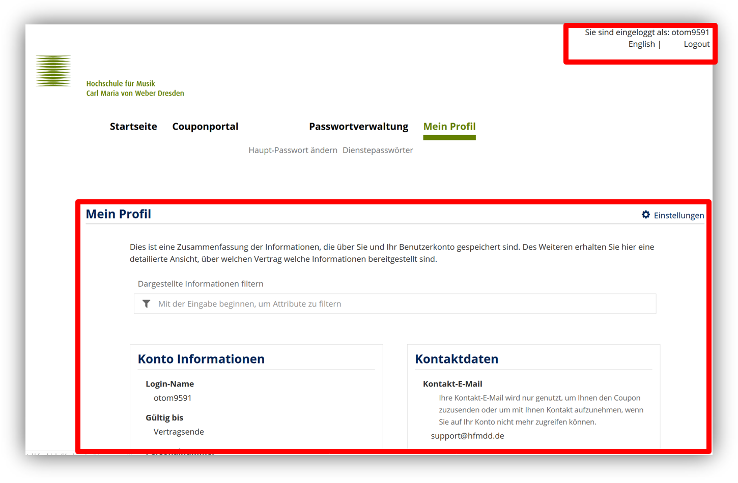 Nachdem Sie der Datenverarbeitung zugestimmt haben, sehen Sie Informationen zu Ihrem Profil. Rechts oben finden Sie den Button zum ausloggen.