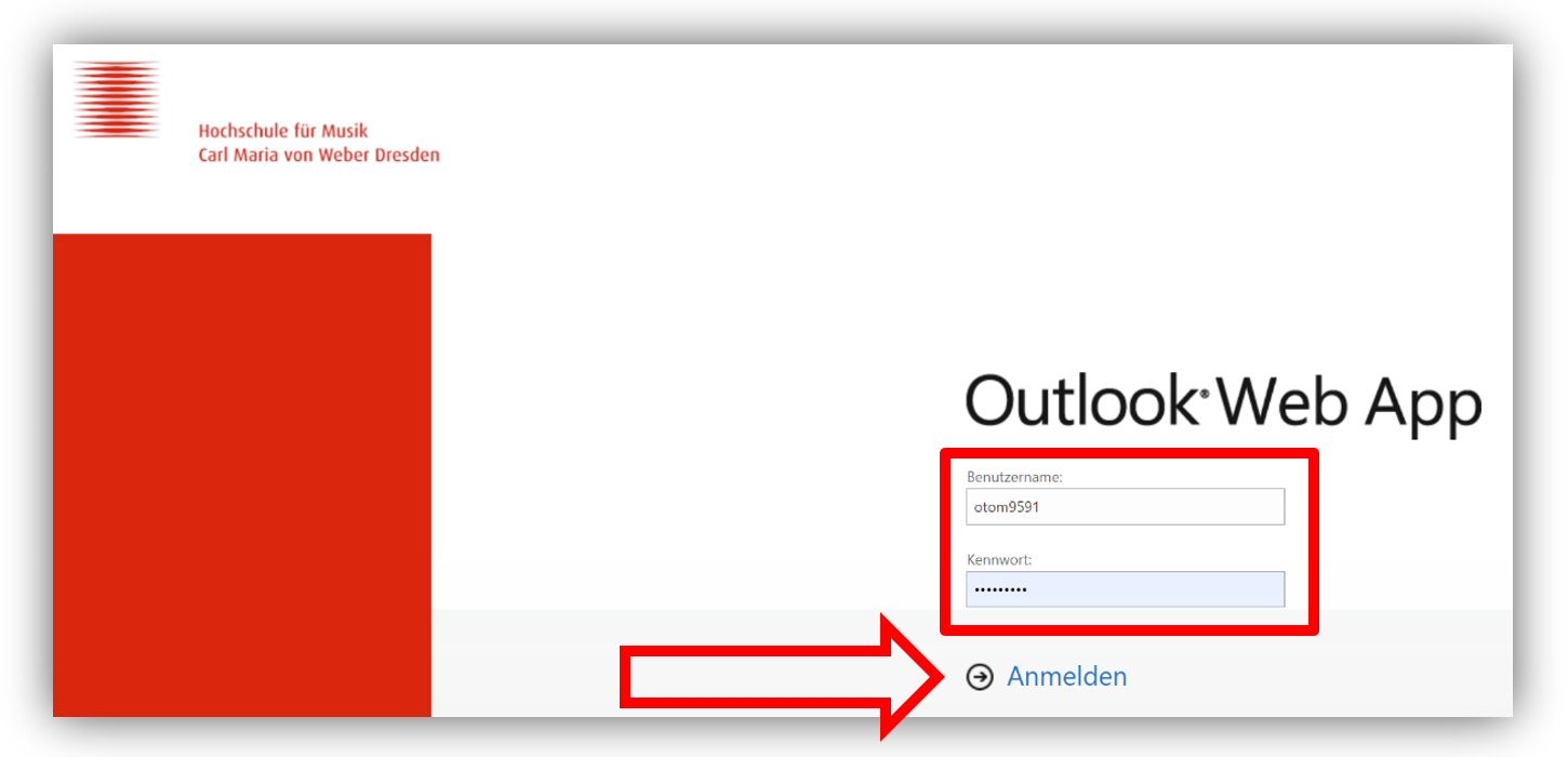 Geben Sie im Brwser mailbox.hfmdd.de ein und melden Sie sich mit Ihren Benutzernamen und Kennwort an. Anschließend können Sie nun Mails senden und empfangen sowie Kalender und die Aufgabenfnktion nutzen.