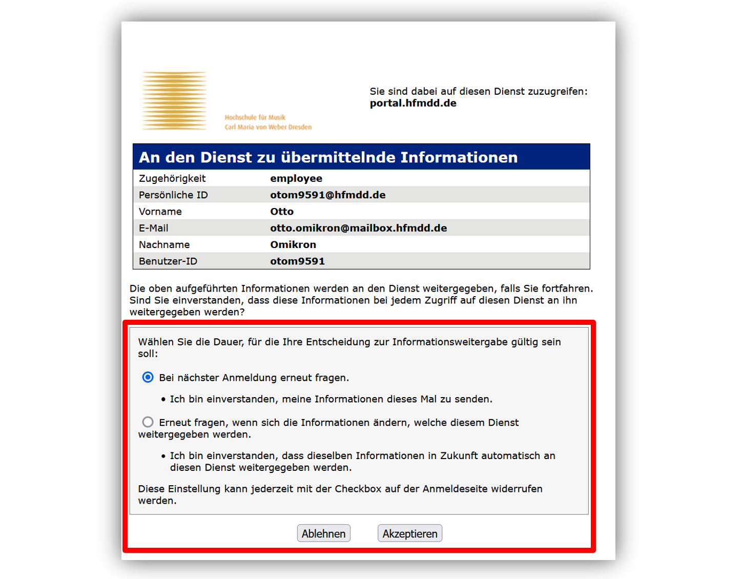 Hier müssen Sie auswählen wie Ihre Daten verarbeitet werden sollen. Über den Button  Akzeptieren gelangen Sie auf Ihr Profil. Über den Button Ablehnen wird der Loginvorgang beendet.