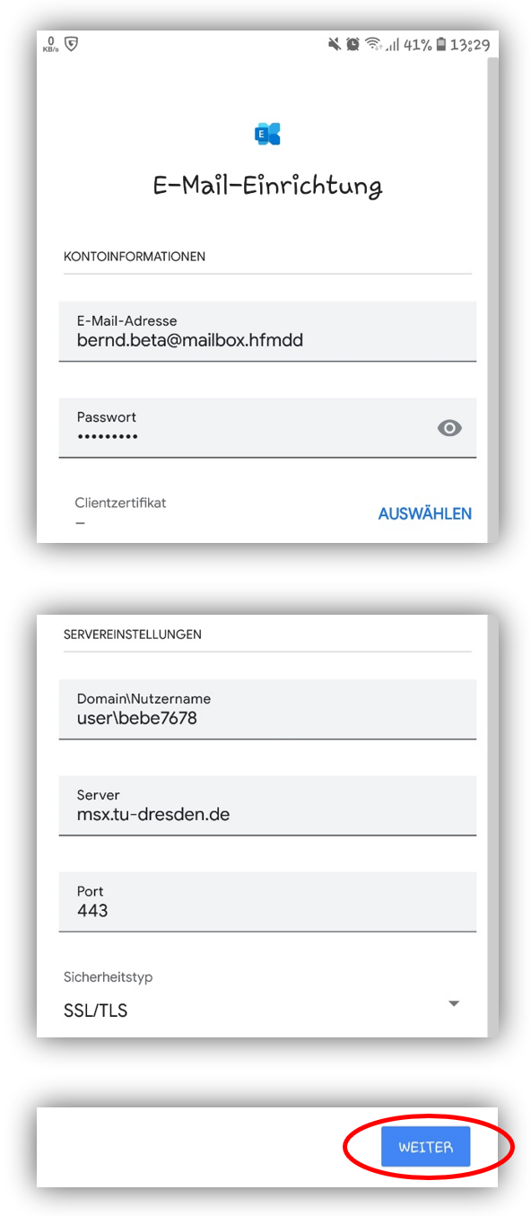 1.6.	Das Postfach wird eingerichtet – weiter mit "Weiter"