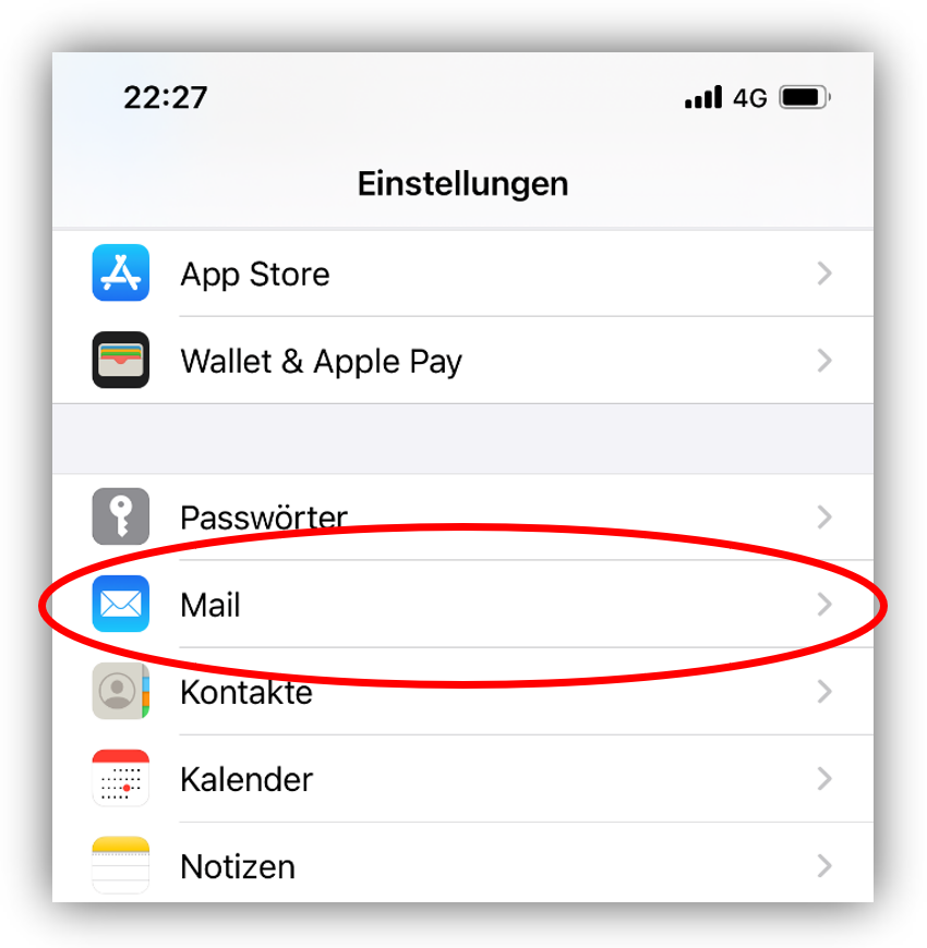 1.1. Öffnen Sie Einstellungen und wählen Sie Mail aus