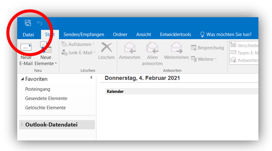 1.1 - Starten Sie Outlook und wählen Sie links oben Datei