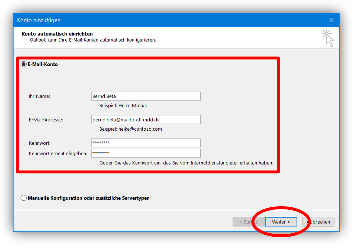 1.3 - Wählen Sie E-Mail-Konto &  geben Sie Namen, E-Mailadresse und Passwort ein – bestätigen mit weiter