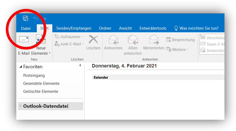 2.1 - Starten Sie Outlook und wählen Sie links oben Datei