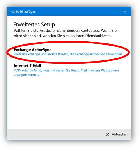 1.6 - Wählen Sie Exchange ActiveSync