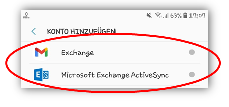 1.4 - Für Google GMail App : Exchange /// für eine vorinstallierte Mail App : Microsoft Exchange ActiveSync